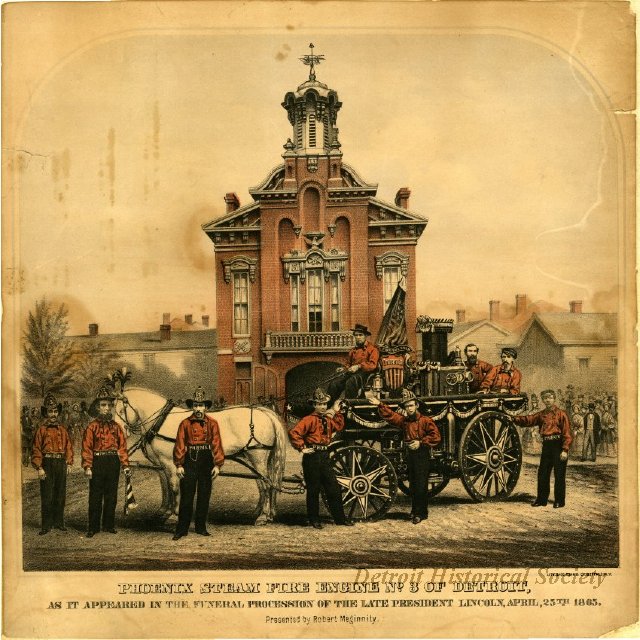 DHSDetroit's tweet image. #OTD in 1865, mourning services for President Abraham Lincoln were held in Detroit. This lithograph shows Phoenix Steam Fire Engine No. 3 as it appeared in the funeral procession.