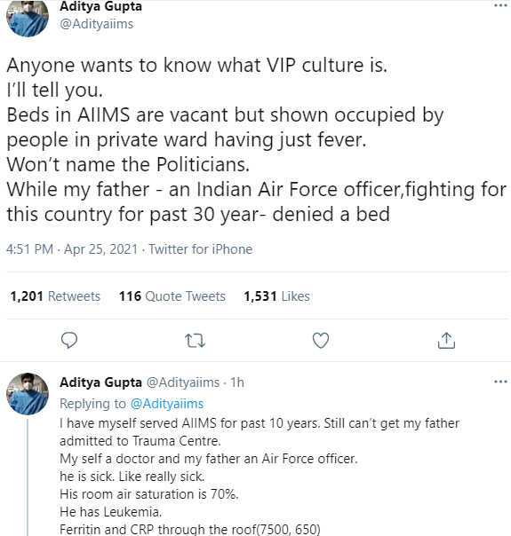 AnantBhan's tweet photo. Aditya @Adityaiims  is JR at AIIMS himself. VIP culture even in times of acute crisis https://t.co/0SFqi4J7Tf