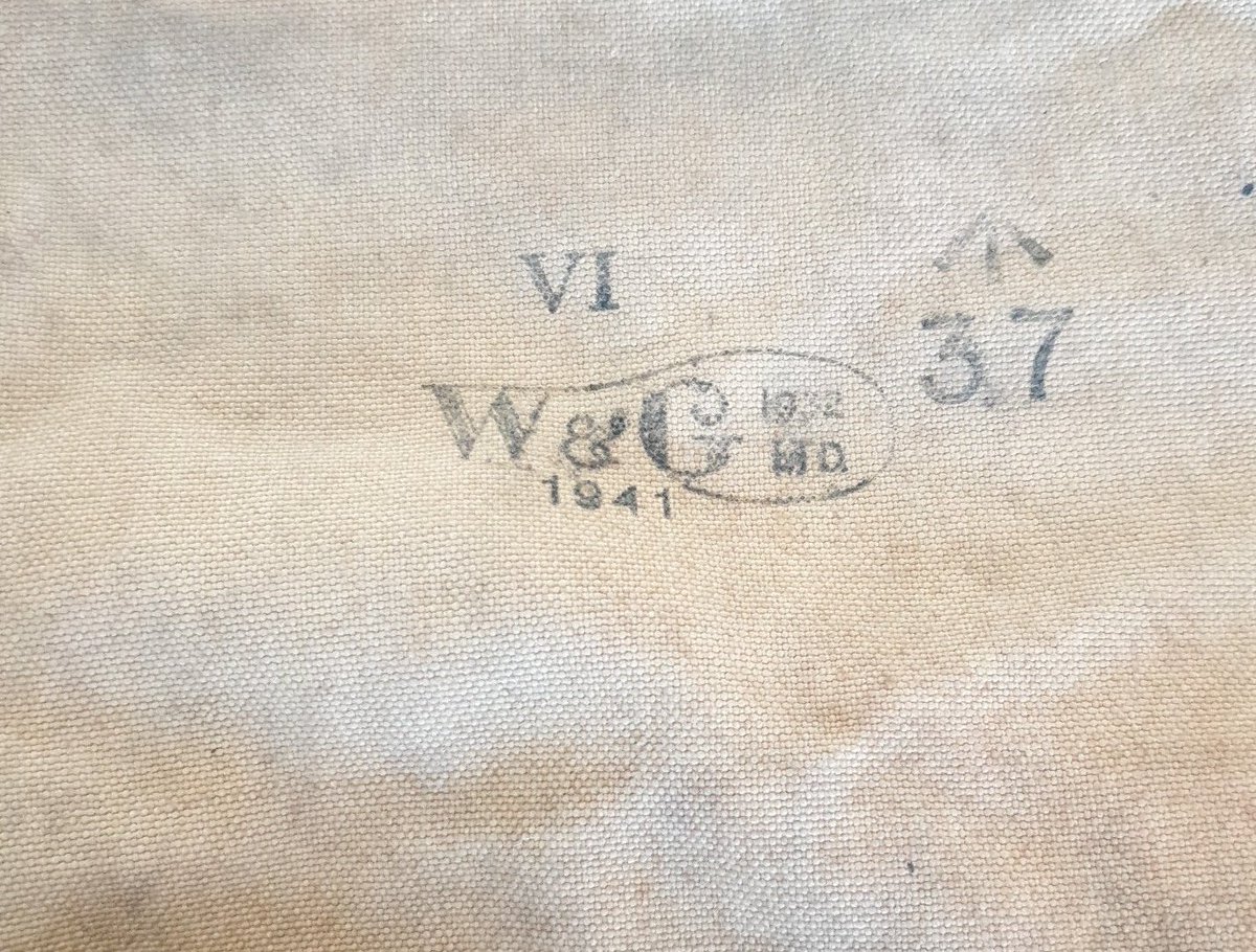 The stamp shows the haversack was made by Waring and Gillow Ltd in 1941... 3/