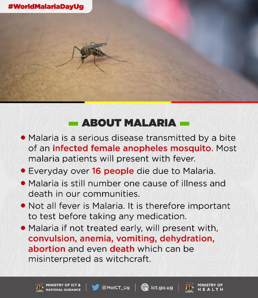 #WorldMalariaDayUg .
About Malaria.
√ Malaria is a disease caused by bite of an infected female Anopheles Mosquito

Symptoms.
√ Fever, Chills/Shivering, Headaches, Sweating, Loss of appetite & Diarrhoea.
1/2