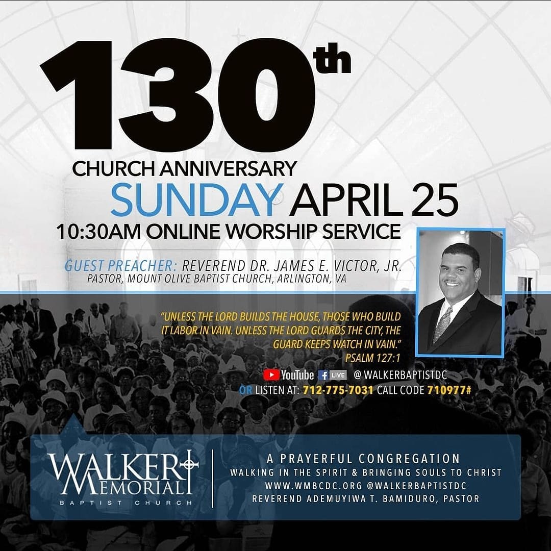 Don't miss this special worship service as we celebrate 130 amazing years! Tune in at 10:30 AM today via wmbcdc.org, YouTube or Facebook.
.
.
#130yrs #ChurchAnniversary #PrayingChurch #SoulsToChrist #ustreetcorridor