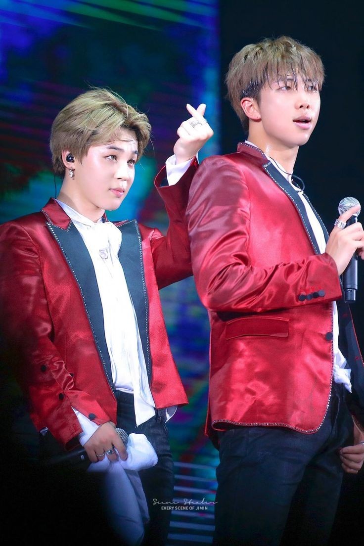 big joon and small jim in red suits