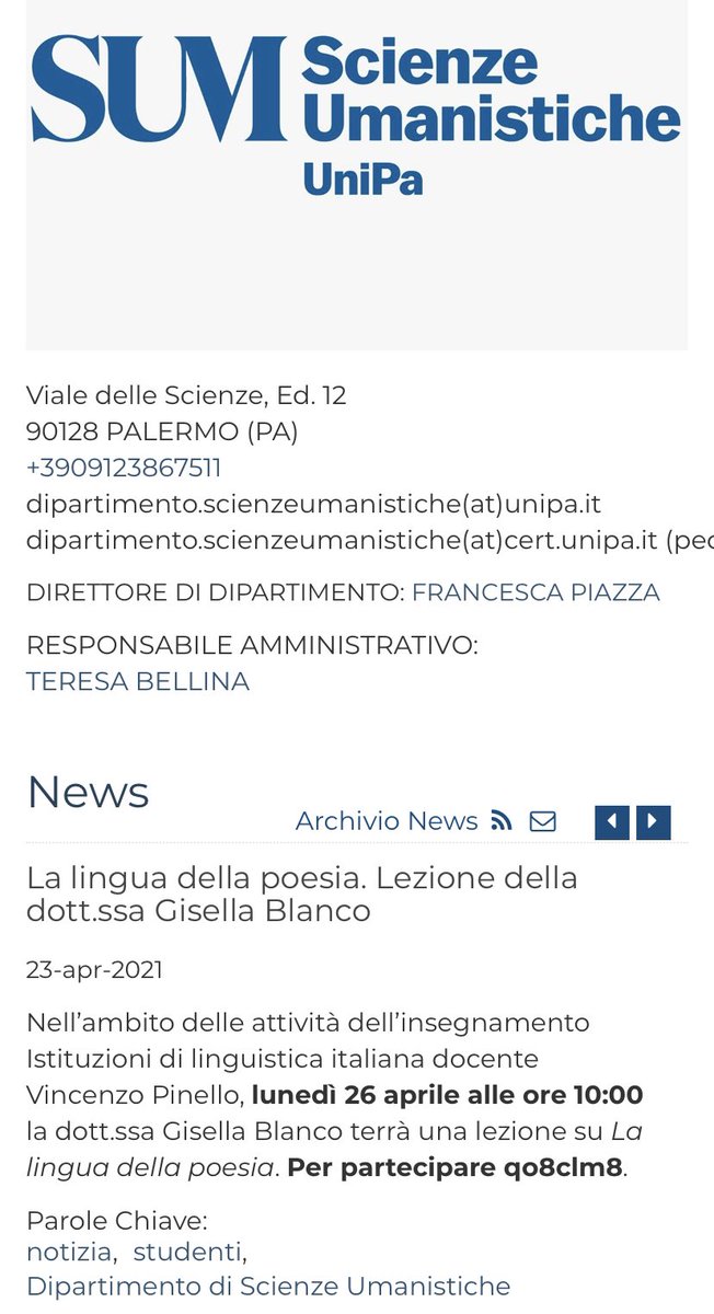 Che fai di 25 aprile? Si lavora per (ri)portare poesia lì dove deve stare, assolutamente! Grazie sempre a Vincenzo Pinello per avermi coinvolta! 
@ProfCampagna @DiegoLuschi @SalaLettura @CasaLettori @artdielle @VentagliP @aforitmi @breveparentesi 
unipa.it/dipartimenti/s…