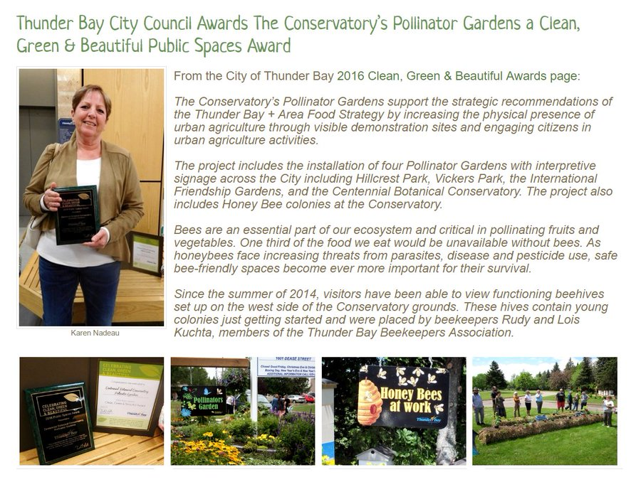 friendsTBcon's tweet photo. 5 years ago #ThunderBay's Botanical Conservatory Pollinator Gardens were awarded the 2016 Clean, Green & Beautiful Public Spaces award.
#TBay #CleanGreenBeautiful #PollinatorGardens #HoneyBees #UrbanAgriculture
COVID-19 has temporarily closed the Conservatory.
#StaySafe https://t.co/9bczTUqoUD