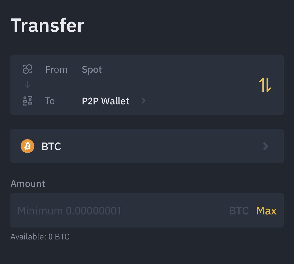 -Click Transfer and a window Pops up with “Send or Transfer”, Select Transfer.-Click on BTC and Change to USDT-Click Max to transfer all and Confirm Transfer. Your funds will be transferred to your Spot wallet from P2P