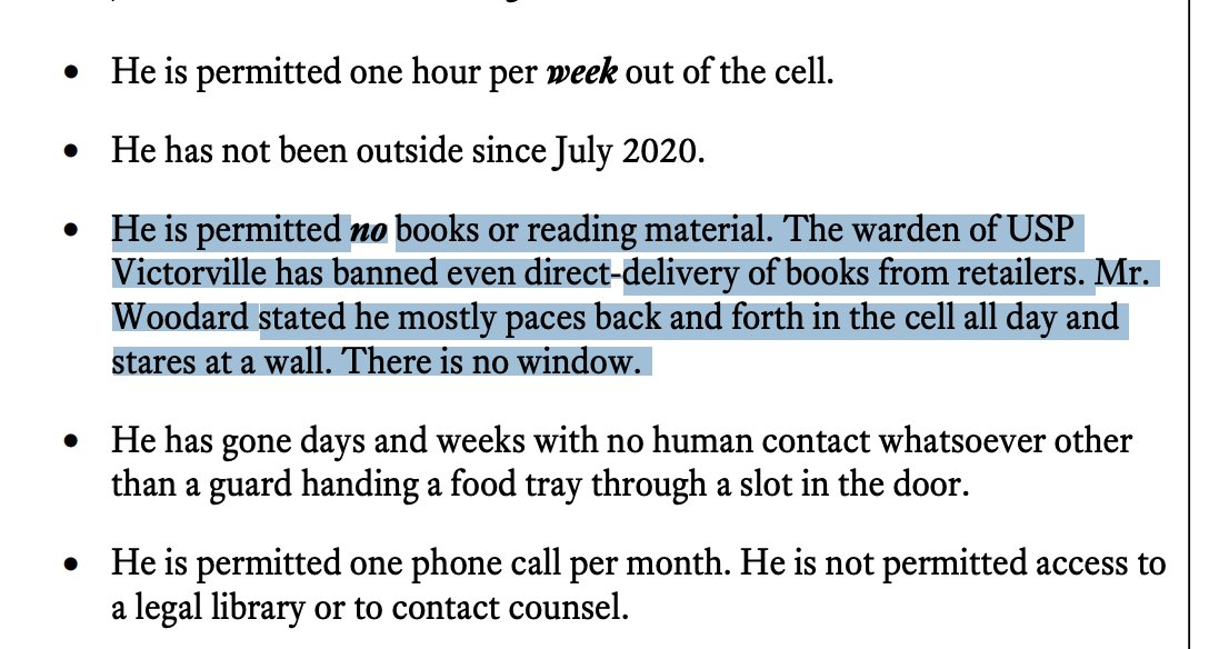 I'm reading a compassionate release case rn where the man at one point tried to kill himself &amp; BOP responded by putting him in SHU, never letting him go outside &amp; denying him *any books*

"He mostly paces back and forth in the cell all day &amp;stares at a wall. There is no window"