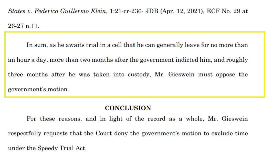 But Gieswein's new court filing says he doesn't wanna wait for his case to be heard.  For a few reasons.  He's been locked up for months - and doesn't wait to wait in jail much longer