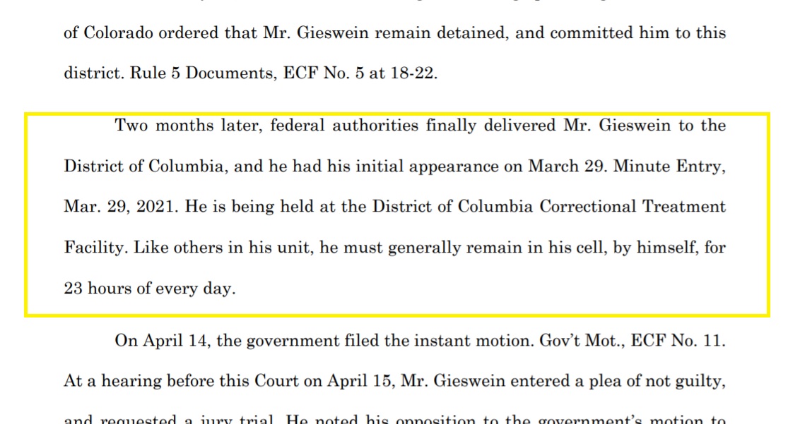 Inmates at the DC Jail (it's "Central Treatment Facility") are isolated to their cells.  DC jail officials tell me some inmates get their "rec time" at 2am.. due to COVID and court restrictions.Gieswein cites the situation in the jail to argue for speedier process of his case