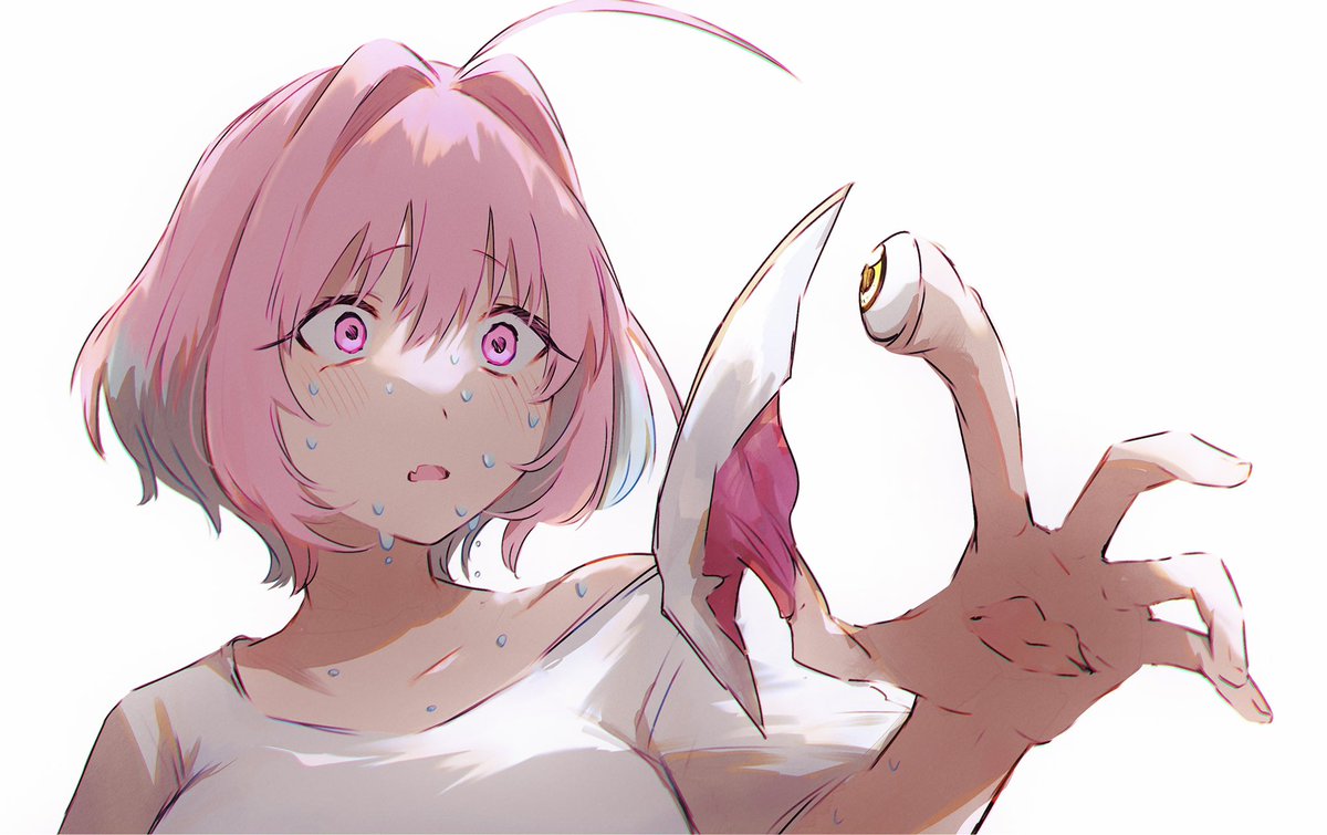 yumemi riamu 1girl pink hair sweat ahoge pink eyes white background shirt  illustration images