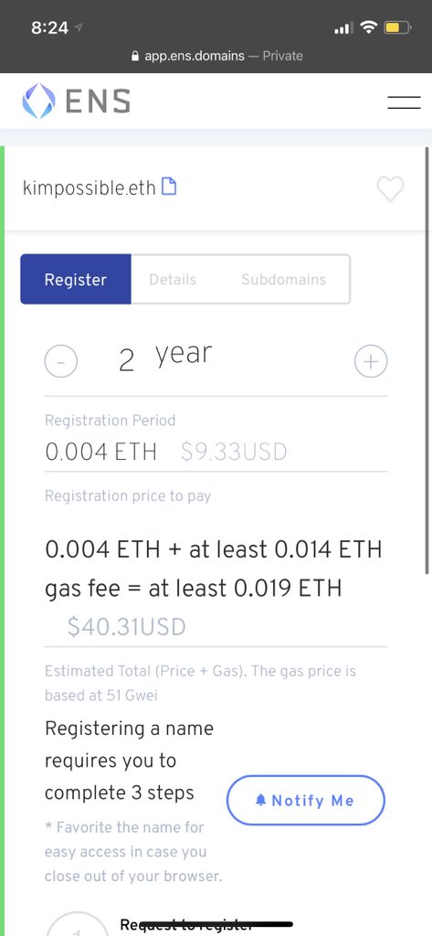  How to Register Your First .ETH Domain1. Go to  https://app.ens.domains/ 2. Use the search bar to find a domain you want. 3. Tap on your chosen name to see an estimate of how much it will cost. I’m going to buy kimpossible.eth. Call me, beep me.