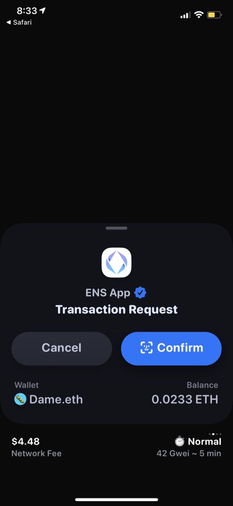 7. Once connected, you’ll be able to click the blue “Request to Register” button on the domain. 8. Open your wallet & confirm the first transaction request. The transaction may take a few minutes, and then you’ll see a 1 minute countdown begin on the ENS site.