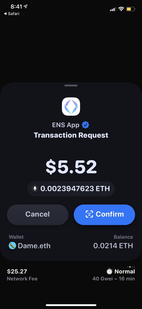 9. After the 1 minute countdown is done, you’ll be able to finalize your registration. Click the register button to initiate a transaction in your wallet.10. Confirm the transaction in your wallet, then wait for it to complete. 11. You now have your very own ENS name! 