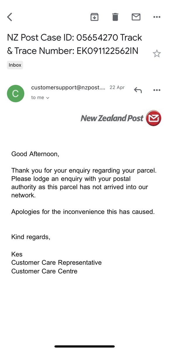 AtibhiLehakra's tweet photo. @IndiaPostOffice booked a parcel (EK091122562IN) from bangalore to New Zealand on 27.03.21. As per website &amp; officials (ticket#-2000850274) it left for NZ from Mumbai on 31/03/21.
NZ post confirmed that they haven’t received it yet. Where is my parcel stuck for the last 4weeks? https://t.co/ruXCM43QsY