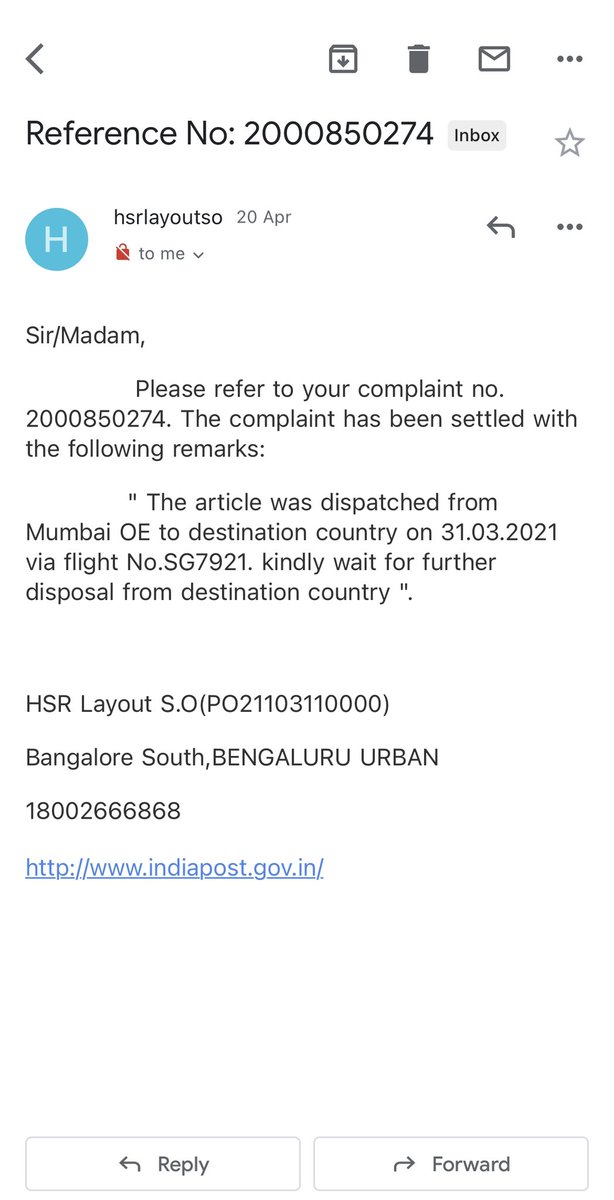 AtibhiLehakra's tweet photo. @IndiaPostOffice booked a parcel (EK091122562IN) from bangalore to New Zealand on 27.03.21. As per website &amp; officials (ticket#-2000850274) it left for NZ from Mumbai on 31/03/21.
NZ post confirmed that they haven’t received it yet. Where is my parcel stuck for the last 4weeks? https://t.co/ruXCM43QsY
