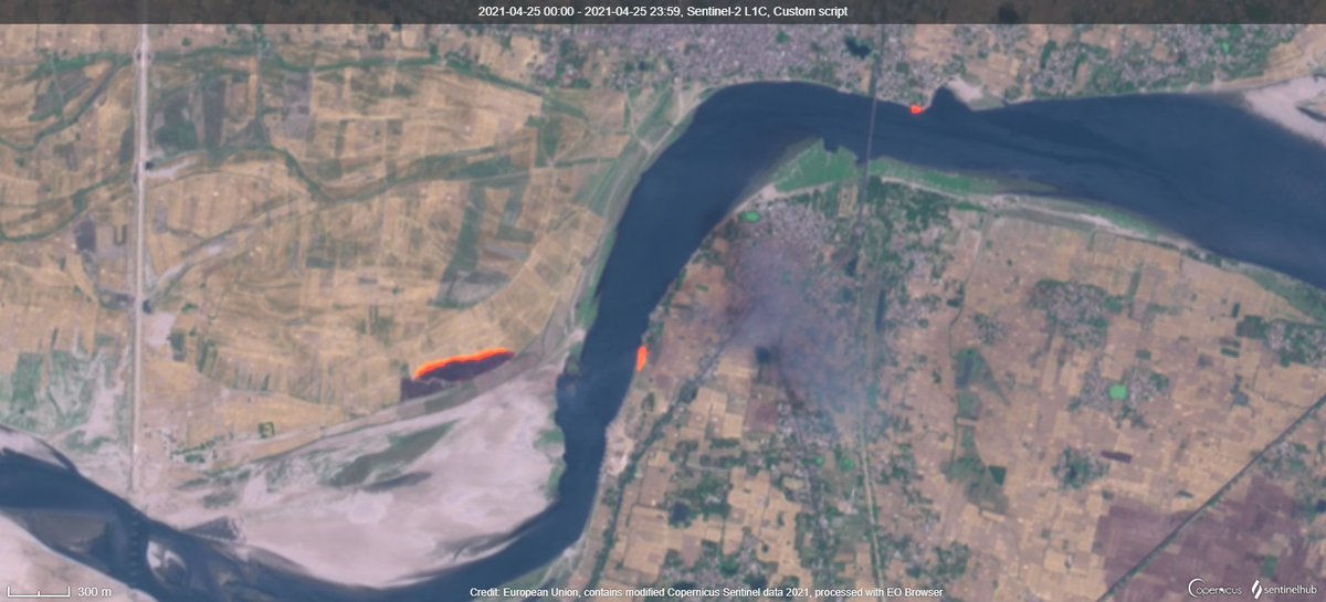 A typical pre-covid (second wave) image for Dohrighat in the left from 2017 April. (Mild orange can be seen)Image from today morning in the right.Ignore the farm fire in the left side of today's satellite image. But check the intensity of the two fires in the river ghats.