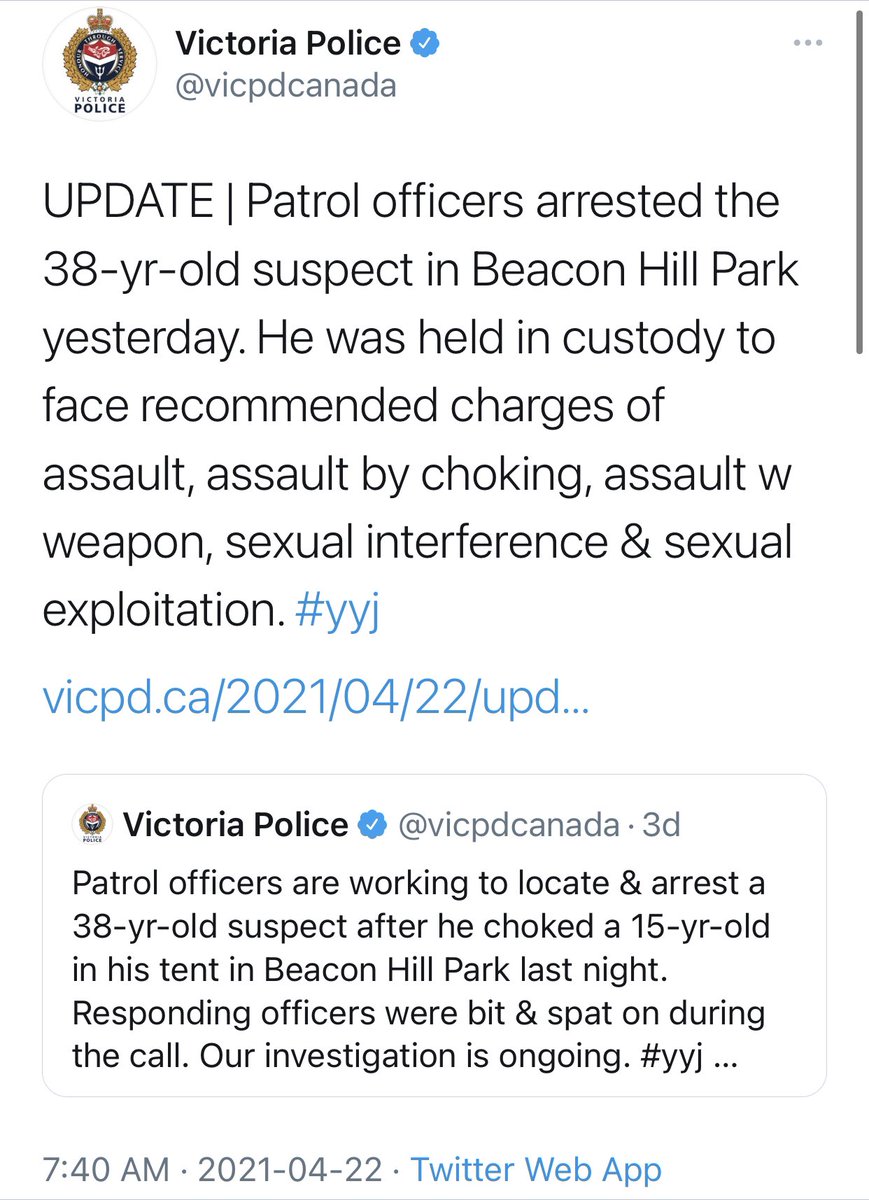 A lot of extremely normal mentions/likes from extremely normal groups who have extremely normal opinions about the significance of 38 year old men engaging in sexual relationships with teens under the age of 18 (15 in this case) in Beacon Hill Park today.Concerning.  #yyj