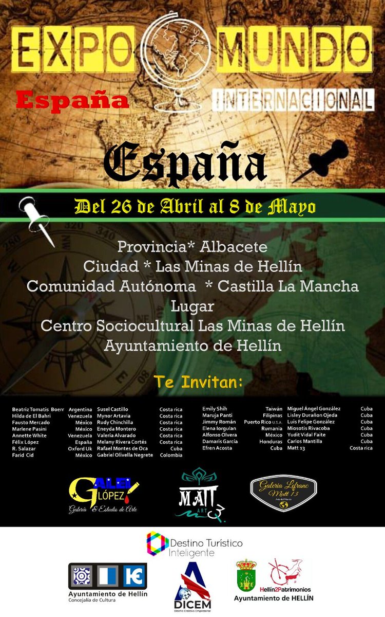 vinosjumilla's tweet photo. La pedanía de Las Minas de Hellín acogerá una exposición de pintura, que será inaugurada el 26 de abril y estará hasta el 8 de mayo. 30 artistas de 13 países, unidos para #ExpoMundo que después de su inauguración en Costa Rica, harán gira por el resto de países participantes. https://t.co/ic6ums5DUJ