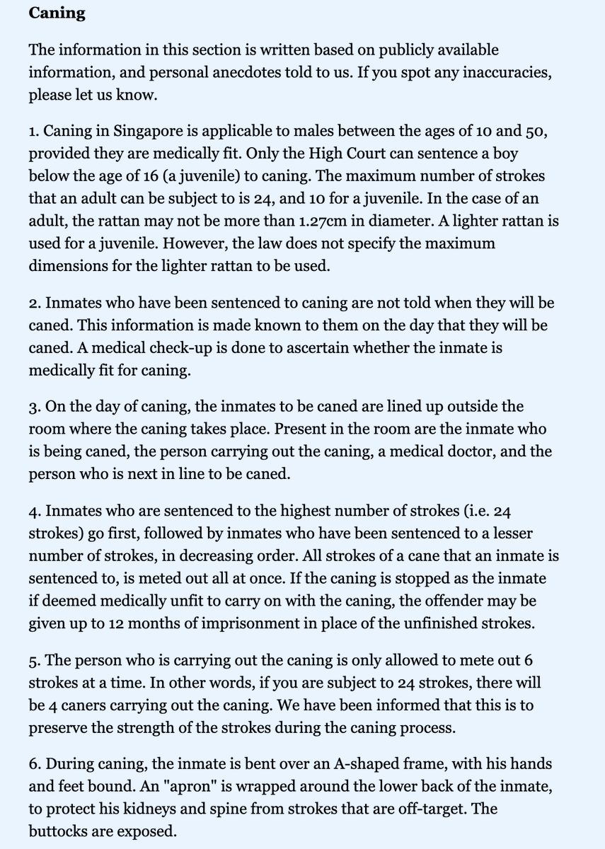 Readers may wish to compare this with the procedure of caning - lashing a malefactor with a strip of rattan- in contemporary singapore, where the punishment is regularly conducted  https://sso.agc.gov.sg/Act/CPC2010#P1XVI-P22- https://prisonlife.sg/#caning 