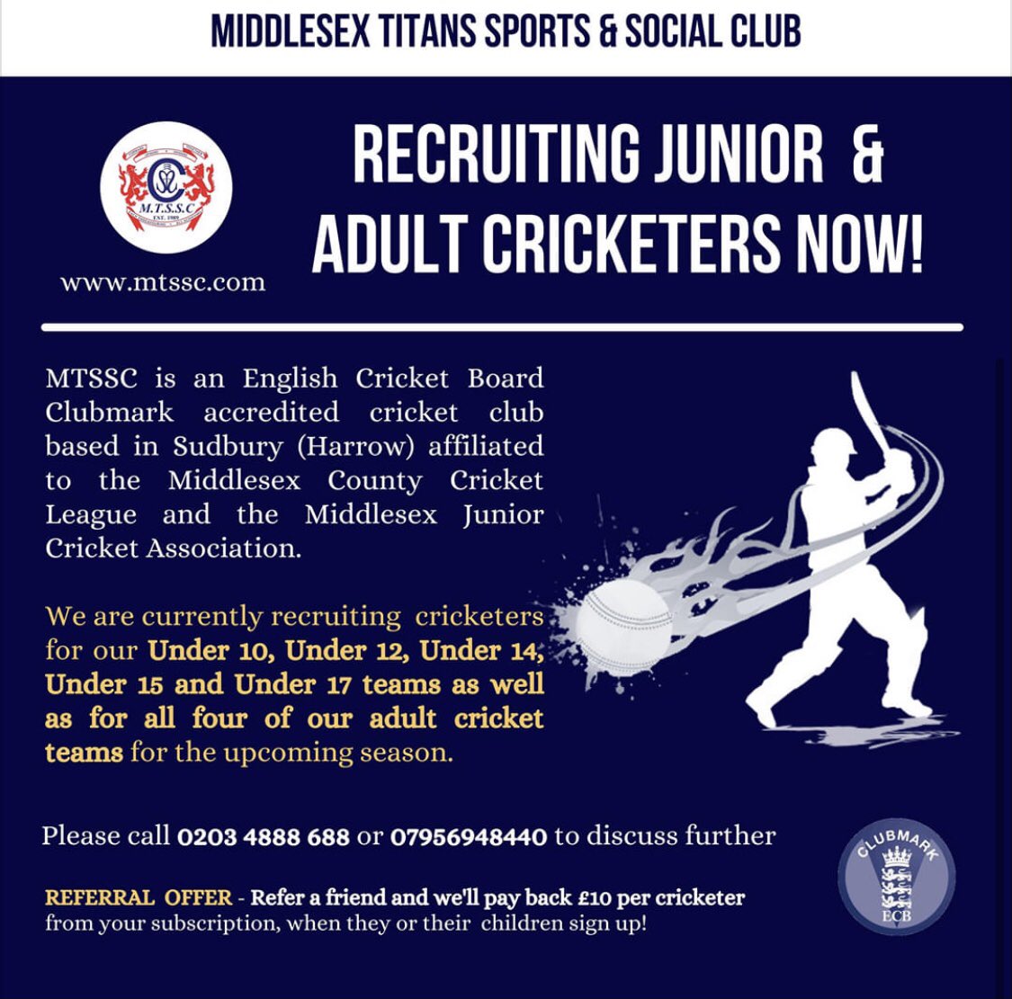 If you’re looking for a family friendly cricket club with excellent facilities that play at a competitive level for you or your child, call us now on 0203 4888 698.

Refer a friend and get £10 off your subscription! 

#cricket #MiddlesexCricket #ECB #England #London