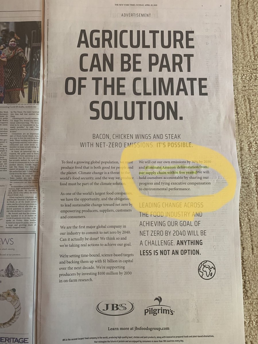 A full-page NYT ad to inform the public that you have 5 more years of Amazon rainforest destruction planned under your ambitious climate plan, Pilgrim’s Pride!? Did i wake-up in 1985? @RAN⁩