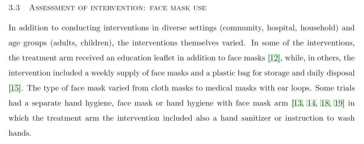 In the Results things get interesting. The authors describe the included studies’  #facemask interventions. This would be great if only it led to a differentiation of what interventions are actually similar enough to combine in meta-analysis. Spoiler alert: it doesn’t. 9/36