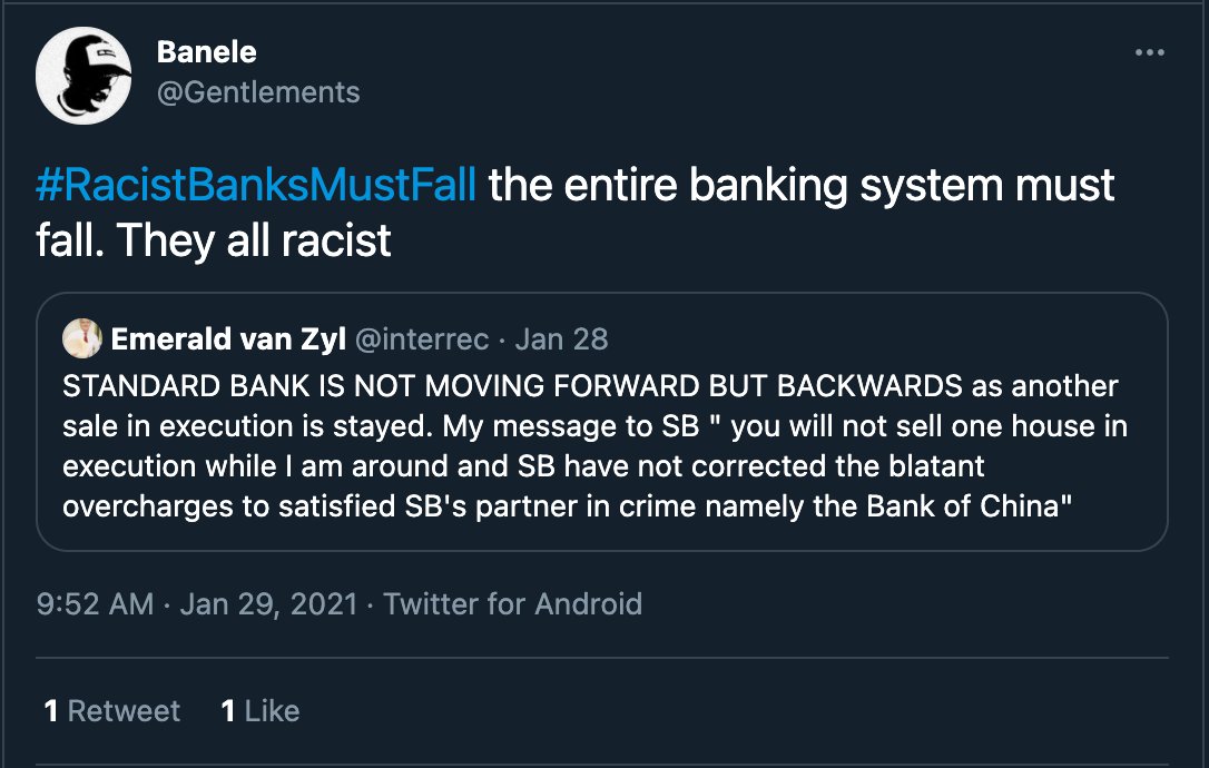 So it doesn't seem likely that it is the same issue. So let's see where the hashtag gets traction in 2021.This guy tweets about it A LOT. Mostly with stuff around Emerald van Zyl's crusade. Most of the stuff from the account is RET propaganda, and this bank stuff doesn't trend