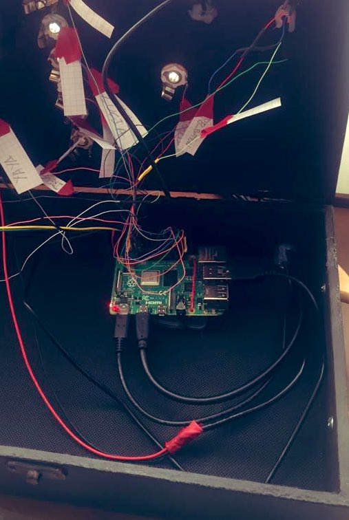 How is it made? A  #raspberrypi 4 is the brain of the project. Everything runs on  #Python and I use several third-party libraries to complete it. The rest is all analog, jack connectors, LEDs, cables, a printer, a mic, and a button.