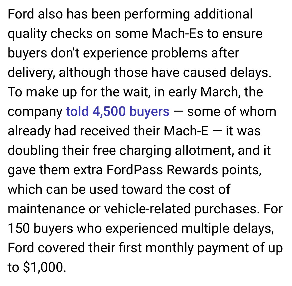 Ford doubled free charging incentives and coveted people’s first months payments for the delays fixing quality issues.
