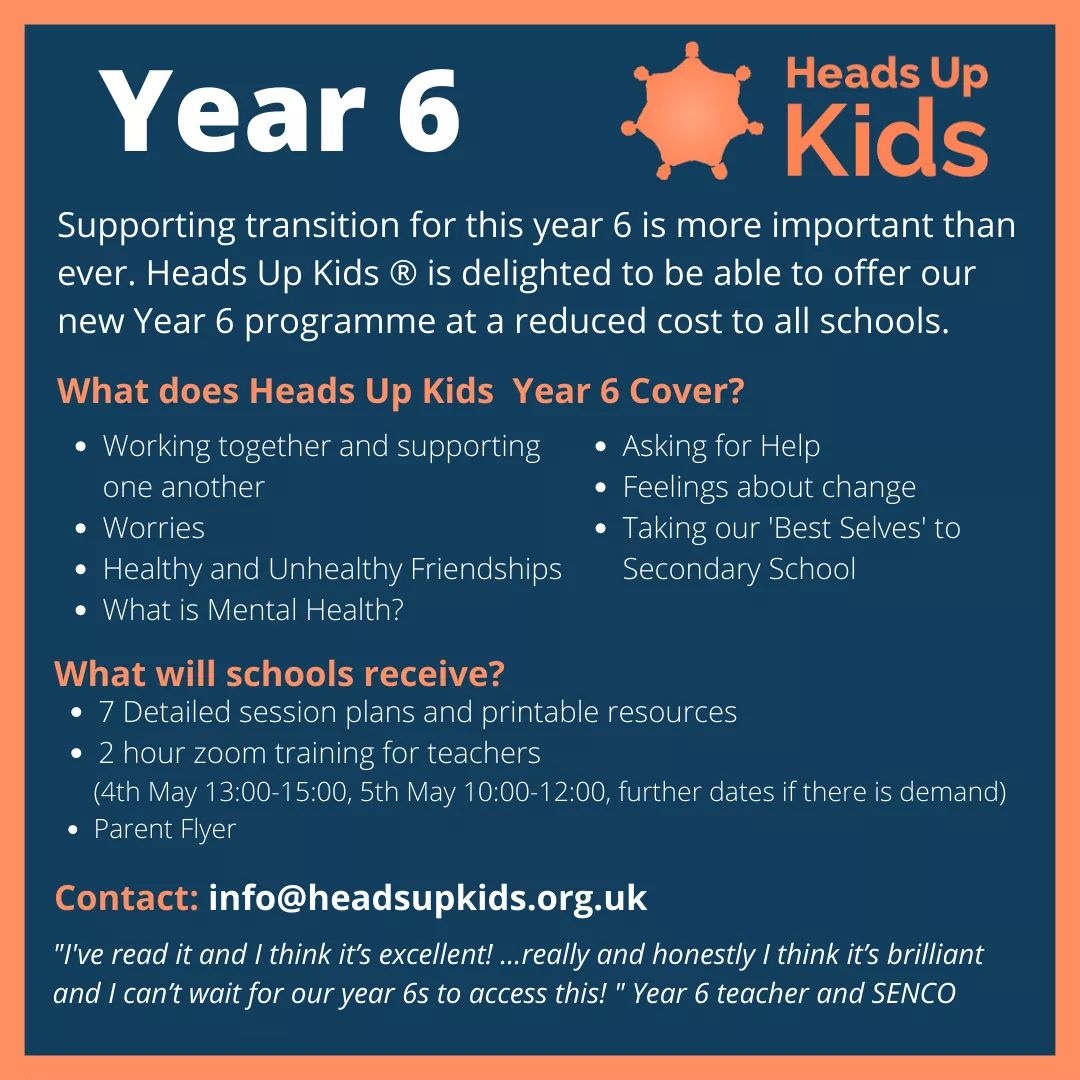 Heads_Up_Kids's tweet photo. Amazed by the response to our wellbeing offer for year 6! We are so pleased that teachers acknowledge how important it is to support children's wellbeing during transition. Thank you! #transitiontosecondary #childrensmentalhealth #Year6 #recovery #Wellbeing https://t.co/aLkyPkUNmK