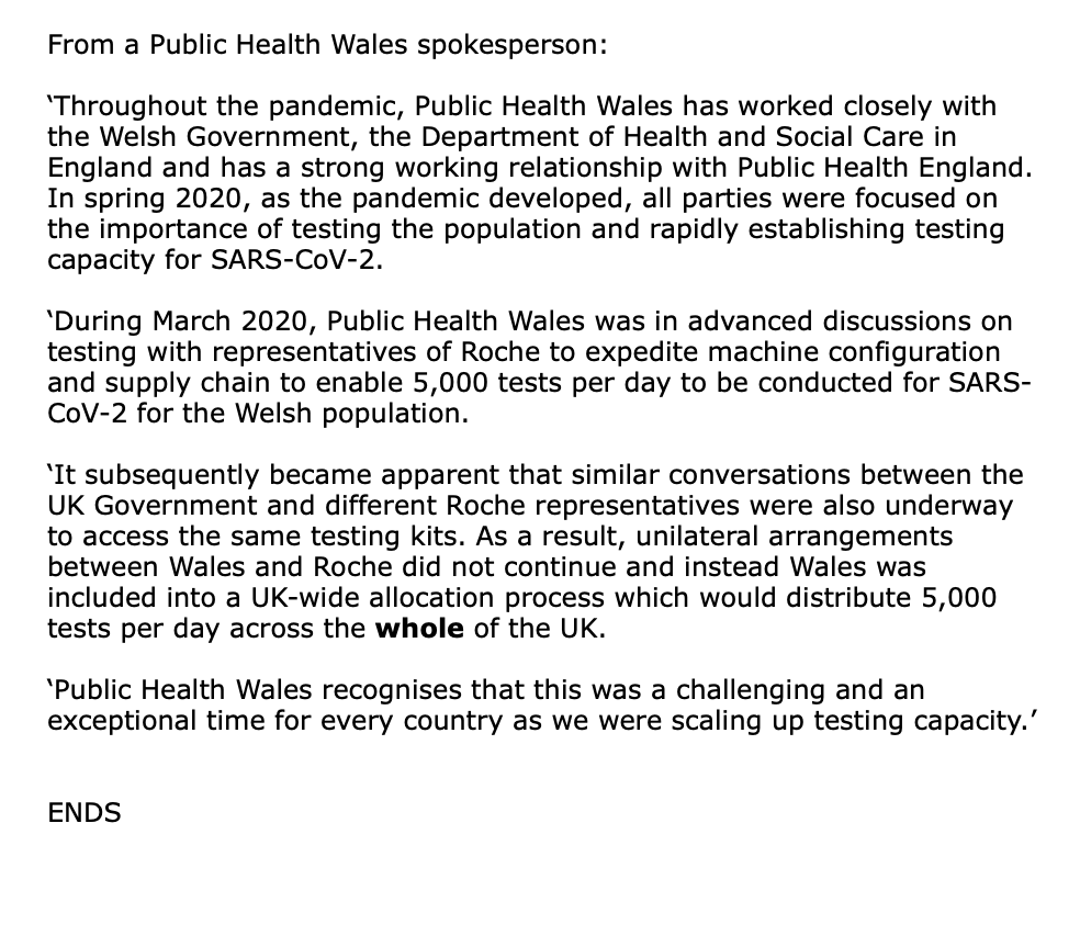 PUBLIC HEALTH WALES: “It subsequently became apparent that similar conversations between the UK Government and different Roche representatives were also underway to access the same testing kits” @PublicHealthW STATEMENT  #C4News