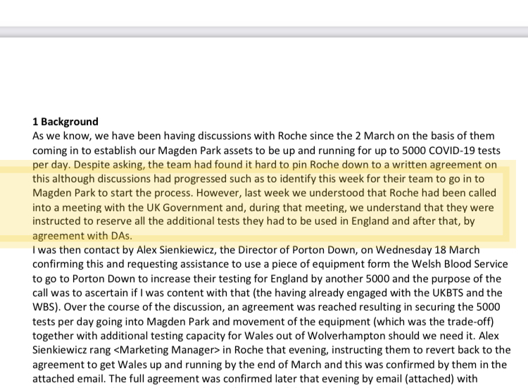 Discussions had progressed, but then Public Health Wales reports hearing in mid-March that “Roche had been called into a meeting with UK Gov...& were instructed to reserve all the additional tests they had to be used in England and after, by agreement with DAs [Devolved Admins]”