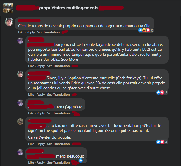 MetroBunnyMtl's tweet photo. Here we can see in a Mtl fb landlords group, landlords giving each other advice about illegally repossessing apartments under false pretenses, faking major renovations to evict tenants, etc. Oh, and joking about how hard it will be for their evicted tenant to find a new home. https://t.co/0K3TrAMnOh