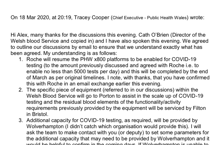 Tracey Cooper later emails PHE’s Alex Sienkiewicz outlining her understanding of this ‘trade off’. He replies ‘this is an excellent summary of our agreement’ & says Lord Bethell  @JimBethell [UK Gov health minister] will be advised accordingly.