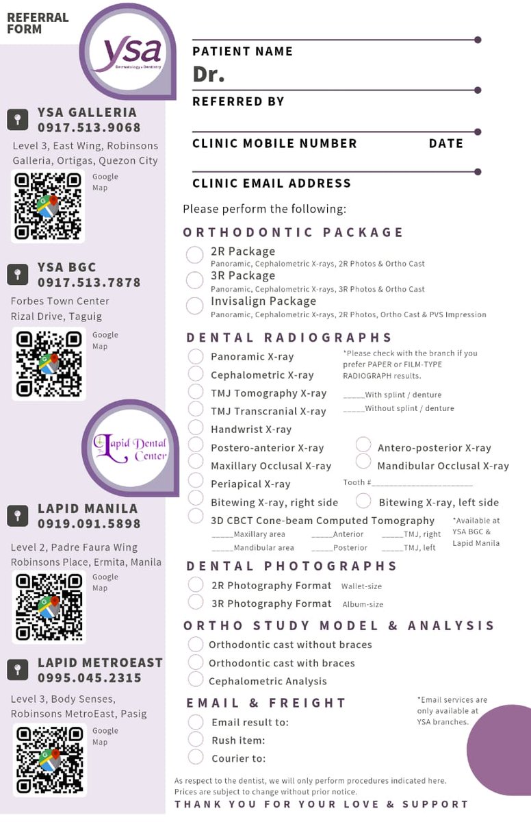 LapidDental's tweet photo. 2021 Lapid Dental Center Referral Form. Contact 0917.513.9068 for more details. #LAPIDmanila #LAPIDmetroeast #YSAbgc #YSAgalleria https://t.co/KB5UJAl8r5