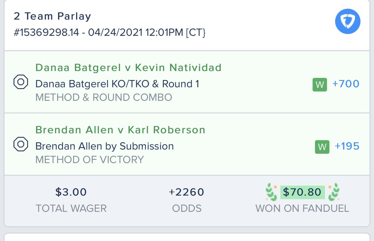AaronPropst's tweet photo. @dfs_mma Another profitable week you were all over the slate! Great bets as always! https://t.co/AeGH8TpwEV