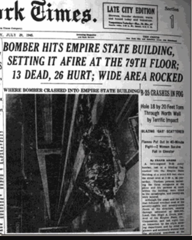 #4: Empire State BuildingA B-25 bomber accidentally crashed into the Empire State Building in 1945. The pilot took a wrong turn as a result of bad weather. The crash unfortunately caused 13 deaths, the building also did not collapse.
