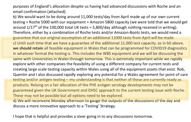 Clearly anxious about Wales’s existing testing capabilities, PHW cancels the loan of testing equipment to England [this would eventually be reinstated]. The second extract below gives you a sense of just how much mistrust of the UK Gov there now was within Public Health Wales.