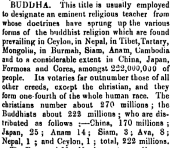 By the 1870s, it was estimated that "Buddhism" was the second largest religion on Earth after Christianity, with around 222 million people (of which 170 million in China). Balfour lists various scholars who studied Buddha's doctrine, and who called it the closest to Christianity.