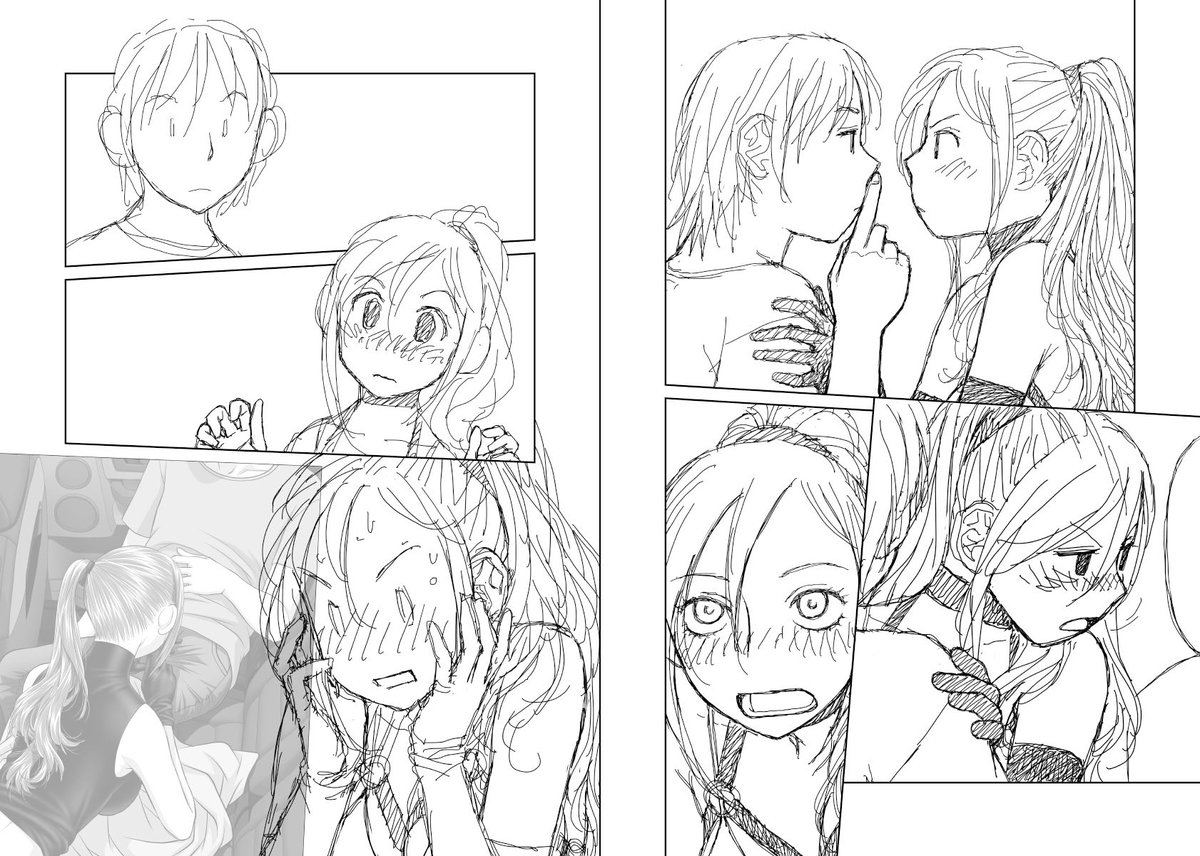 見開き単位で作業してた連載の下描き台詞フキダシ擬音無しバージョン…32↓

回想シーンのコマは何回か前に描いた絵を持ってきてるのですが、フキダシや擬音を分離できるよーにしてるので便利w

ペラっとした車内シーンは完成前の色だけ入ってるのを持って来てキャラとのバランスを取っています😆 