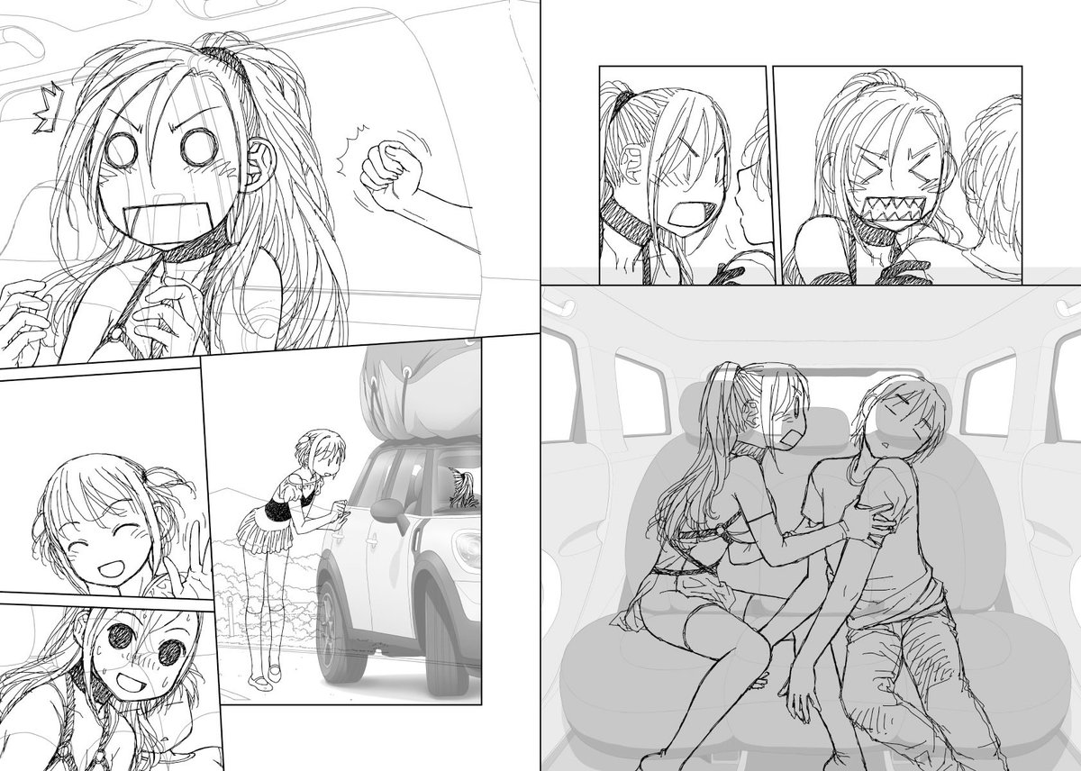 見開き単位で作業してた連載の下描き台詞フキダシ擬音無しバージョン…32↓

回想シーンのコマは何回か前に描いた絵を持ってきてるのですが、フキダシや擬音を分離できるよーにしてるので便利w

ペラっとした車内シーンは完成前の色だけ入ってるのを持って来てキャラとのバランスを取っています😆 