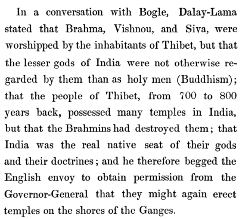 By the mid 1800s, the theory arose of a religious war between Hindoos and the Buddhists, which resulted in the Buddhists being driven away from India, Björnstjerna quotes one scholar Bogle, that Dalay Lama of Thibet requested the British to erect Buddha temples on the Ganges.
