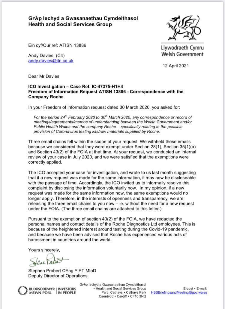 EMAIL CHAIN 1/3 [This is the Public Health Wales boss explaining what she think happened with the Roche tests - subsequently forwarded to Welsh health minister Vaughan Gething, plus letter to me from Welsh Gov explaining FOI release] #c4news