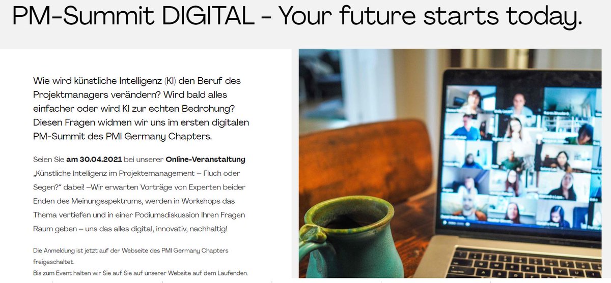 PMIGermany's tweet image. PM-SUMMIT: ARTIFICIAL INTELLIGENCE IN PROJECT MANAGEMENT - BLESSING OR CURSE
Discuss the topic of AI and PM with Peter Taylor, Prof. Dr. Gunnar Auth and others.
pm-summit.de/?lang=en
30 Apr 2021  15:00 – 18:00 CEST
#pmi #pmigc #summit #AI #projectmanagement