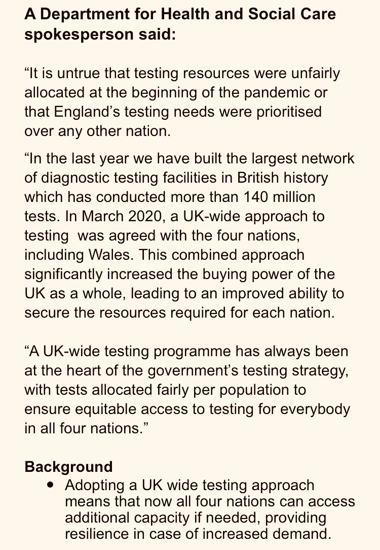 In light of these emails, I asked the UK Government  @DHSCgovuk again to respond to the claim that they effectively big-footed a deal, which the Welsh Government claimed it had secured, in order to prioritise England? Their response: “Untrue” STATEMENT BY UK GOV DHSC 