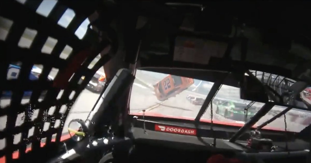 NASCARonUSA's tweet photo. The view of Joey Logano's flip from Bubba Wallace's car.

#NASCAR // @TALLADEGA https://t.co/FslX1RaysL