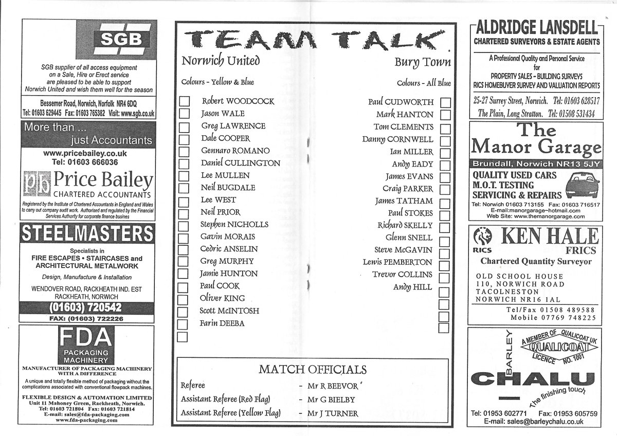 #OnThisDay 2006 - Bury Town traveled to Plantation Park home of  <a href="/NorwichUnitedFC/">Norwich United FC</a> and won this Eastern Counties League match 5-1, goals from Miller, Murkin, Tatham (2) and an own goal in front of 184.