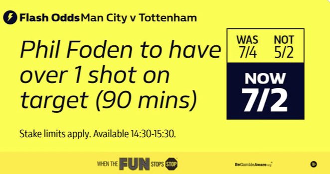 Man City v Spurs #FlashOdds

Phil Foden to have over 1 shot on target (90 mins)

❌ 7/4
❌ 5/2
✅ 7/2

Add to betslip. 👇

Terms apply
18+ #gambleaware 

promotion.williamhill.com/uk/sports/foot…

#CarabaoCupFinal #ManCity #spurs #final #Wembley #fans #winner #champions