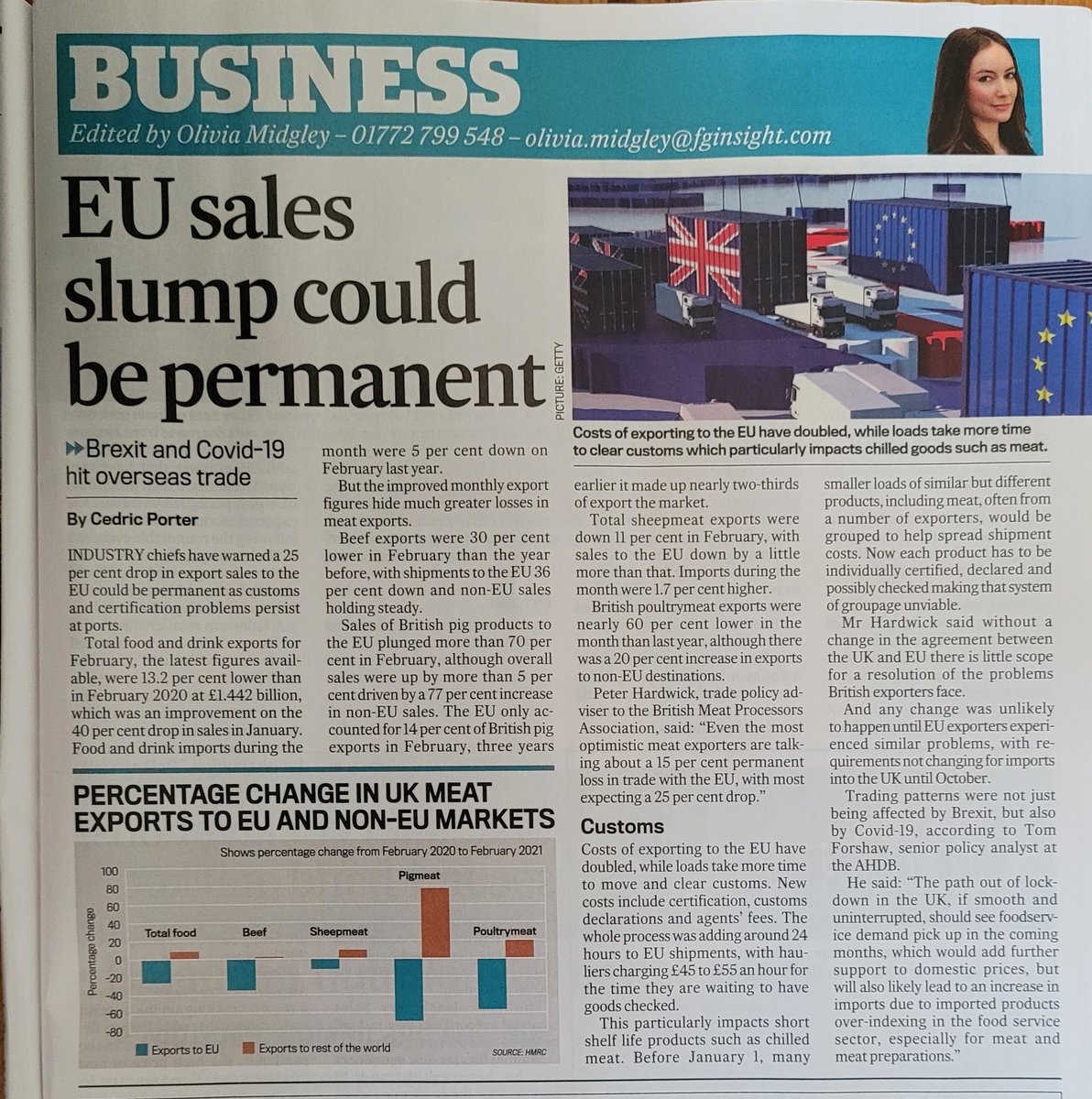 Bleak outlook for food exports to Europe with slump likely to be permanent - caused by non tariff barriers (that Boris said wouldn't exist, but which we knew immediately he uttered it to be another major fib) - from Farmers Guardian. @mrjamesob