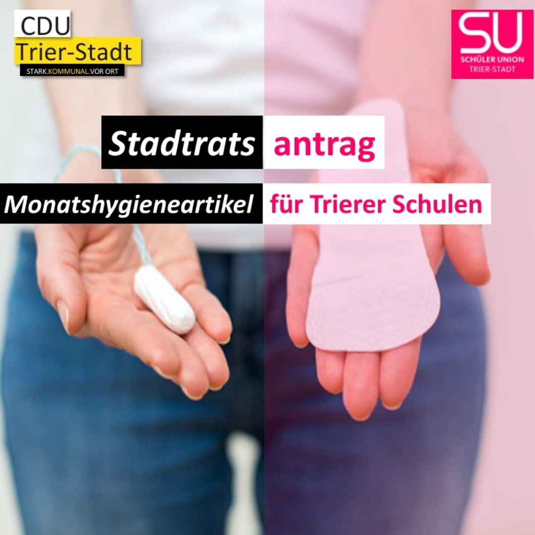 TrierUnion's tweet photo. Antrag "Monatshygieneartikel in Trier Schulen"- Warum eigentlich nicht? 🤔
Den ganzen Antrag findet ihr hier: https://t.co/cLmovEWu84 https://t.co/hzwh7VnL95