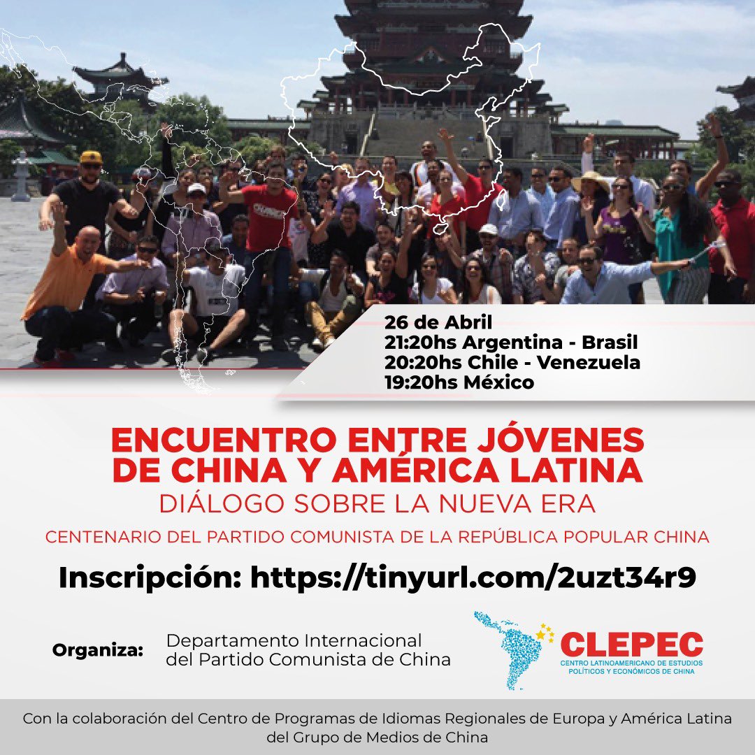 En el marco del centenario del Partido Comunista de la República Popular de China te invitamos al encuentro entre jóvenes de China y América Latina.

📆Lunes 26 de abril
⌚️21:20 (Arg-Brasil) 20:20 (Chile-Venezuela) 19:20(Mex)

Inscribite en 👉 tinyurl.com/2uzt34r9

🇦🇷🤝🇨🇳